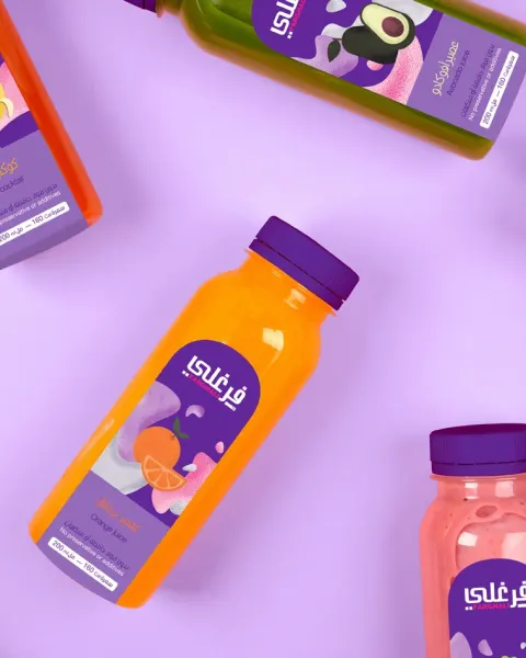 Farghali bottled juices in orange, peach and green on a lilac background