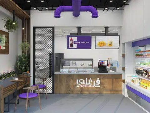 Design render of a Farghali shop counter with menu boards and seating